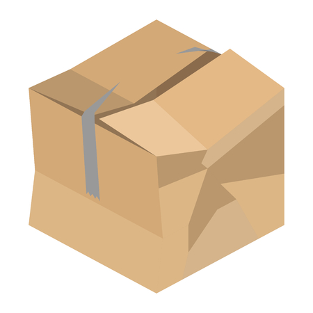 Crushed and damaged isometric vector cardboard packaging box with broken tapeのイラスト素材