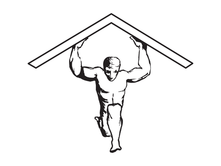 Vector sketch of a man holding up a homes roof for real estate conceptのイラスト素材