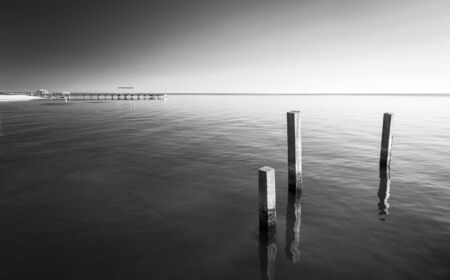 Ocean landscape with minimalism design of wooden pylons in stunning black and whiteの写真素材
