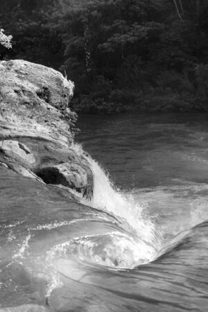 Water flowing from waterfall in forest of Rio Blanco National Park in Toledo Belize in stunning black and whiteの写真素材