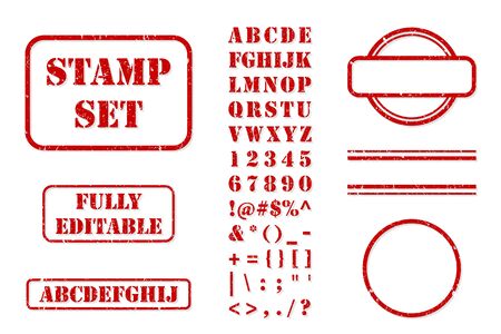 Complete set of vector elements needed to create red rubber stamps with textureのイラスト素材