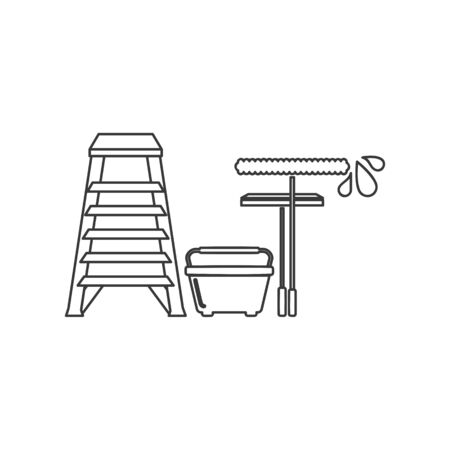 Window cleaning or washing tools icon including ladder, bucket, squeegee and applicator in vector line drawingのイラスト素材
