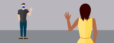 Social distancing waving greeting concept vector where a couple avoid handshakes and maintain...