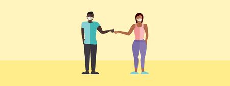 Fist bump greeting concept vector of a man and a woman with masks with copy space for COVID-19 coronavirus preventionのイラスト素材