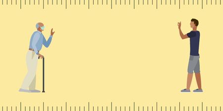 Younger man shows care for an elderly family member and maintains social distancing for COVID-19 coronavirus prevention concept vector with tape measure lines and copy spaceのイラスト素材