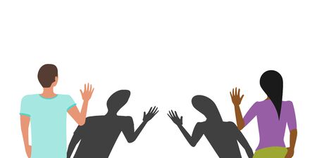 Social distancing greeting concept vector where two people avoid handshakes and keep their distance, but their shadows almost touch, to prevent spread of COVID-19のイラスト素材