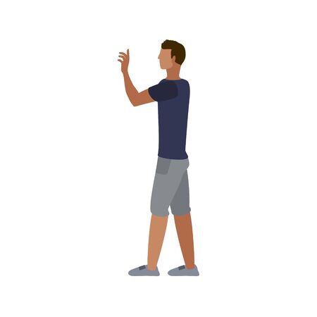 A man stands waving to maintain social distancing for COVID-19 coronavirus preventionのイラスト素材