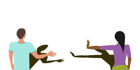 Social distancing concept vector of a man ignoring social distancing and trying to shake hands and a woman refusing to prevent spread of COVID-19 coronavirus pandemicのイラスト素材