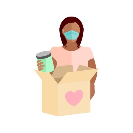 Woman wearing a mask packing a box full of food items to give to those in need of help during the COVID-19 coronavirus pandemicのイラスト素材