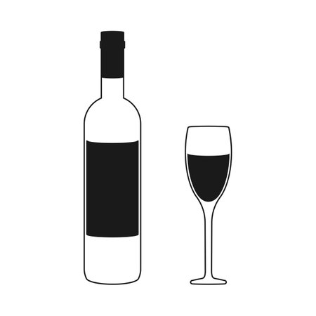 Simple white wine bottle and wine glass in vector iconのイラスト素材