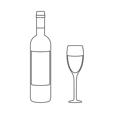 Simple white wine bottle and wine glass in outline vectorのイラスト素材