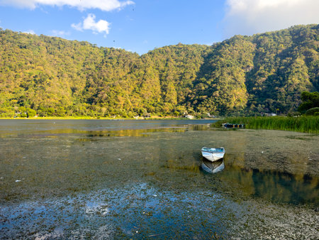 Views from the shore of San Lucas Toliman a town on Lake Atitlan in Guatemalaの写真素材