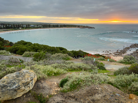 Sunrise on beautiful Horseshoe Bay in Port Elliot on the Fleurieu Peninsula, South Australiaの写真素材