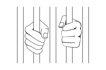 Prisoner fists behind bars or hands holding prison bars in vector outlineのイラスト素材