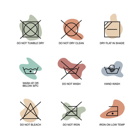 Laundry instructons for garment care as symbols set with organic abstract shape background in vectorのイラスト素材