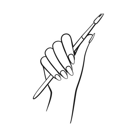 Female hand with acrylic nail brush or artist paint brush in line art vector iconのイラスト素材