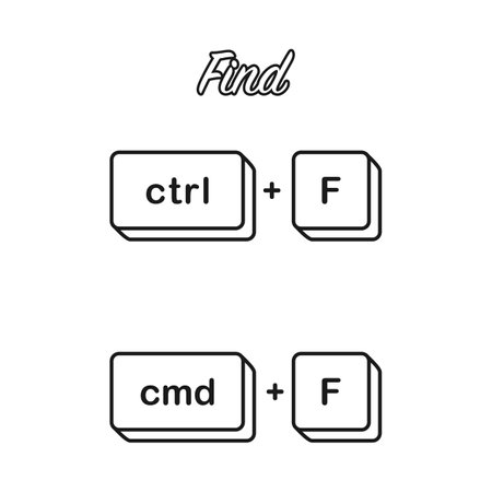 Ctrl F and Cmd F keyboard shortcut keys for find concept in vector icon