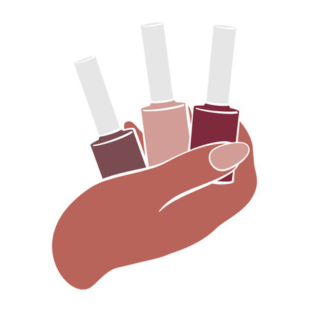 Female hand holding a set of three nail polish bottles as a hand drawn vector in neutral tonesのイラスト素材