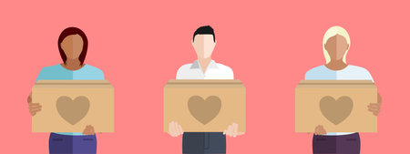 Multicultural people volunteering to help others in need with boxes of donations flat design vectorのイラスト素材