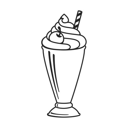Milkshake with whipped cream and cherry on top in a retro milk bar dessert glass as a vector outline illustrationのイラスト素材