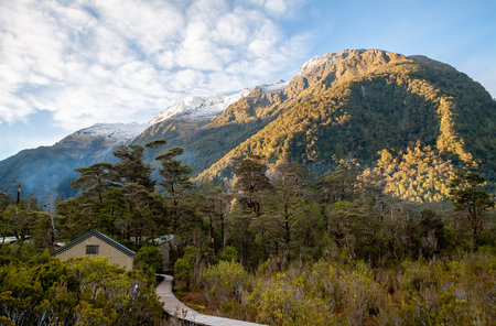 Boardwalk and huts hidden in the trees and mountains of the Milford Track hiking trail on the South Island of New Zealandの写真素材
