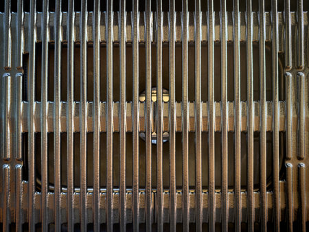 Brand new barbecue, barbeque or BBQ grill plates as grilling background conceptの写真素材