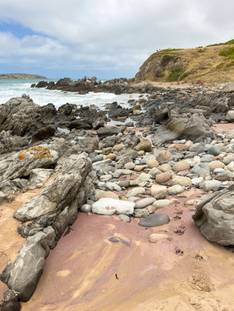 Petrel Cove on the Heysen Trail sits below The Bluff or Rosetta Head in Victor Harbor on the Fleurieu Peninsula, South Australiaの写真素材