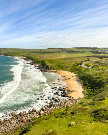 Looking over the Petrel Cove landscape from The Bluff or Rosetta Head in Victor Harbor on the Fleurieu Peninsula, South Australiaの写真素材