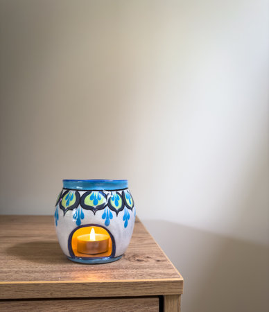 Tea light candle inside an essential oils burner on a wooden surface with copy spaceの写真素材