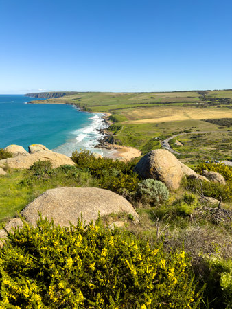 View of the coastline and Heysen Trail heading towards Waitpinga from The Bluff or Rosetta Head in Victor Harbor on the Fleurieu Peninsula, South Australiaの写真素材
