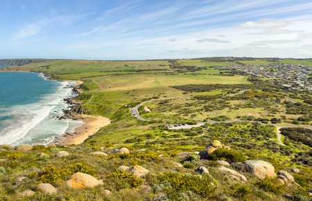 View of the coastline and Heysen Trail heading towards Waitpinga from The Bluff or Rosetta Head in Victor Harbor on the Fleurieu Peninsula, South Australiaの写真素材