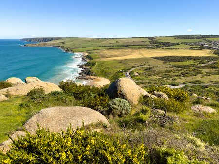 View of the coastline and Heysen Trail heading towards Waitpinga from The Bluff or Rosetta Head in Victor Harbor on the Fleurieu Peninsula, South Australiaの写真素材