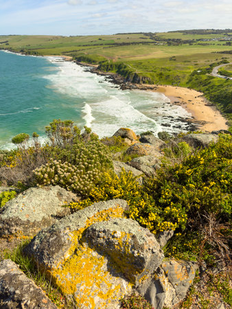 View of the coastline and Heysen Trail heading towards Waitpinga from The Bluff or Rosetta Head in Victor Harbor on the Fleurieu Peninsula, South Australiaの写真素材