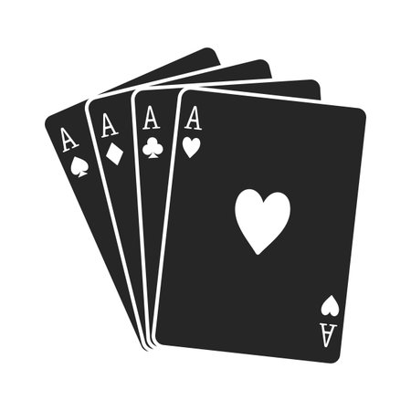 All four suits of aces playing cards including hearts, diamonds, clubs and spades fanned out in...