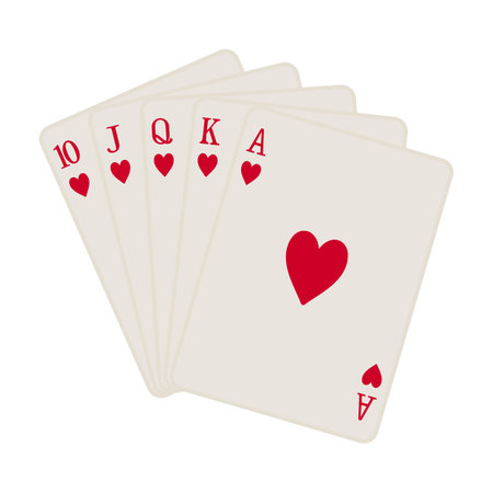 A hand of hearts playing cards including ten, jack, queen, king and ace to make a royal flush or...