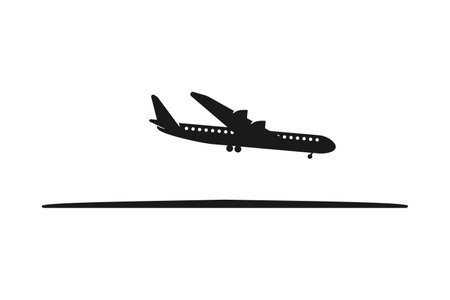 Airplane or aeroplane coming in for landing at the airport runway black silhouette vectorのイラスト素材