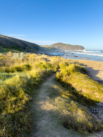 Landscape views toward Rosetta Head or The Bluff from beaches along the Victor Harbor Heritage Trail on the Fleurieu Peninsula in South Australiaの写真素材