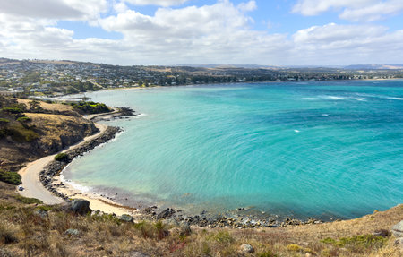 Landscape scenic views over Encounter Bay from The Bluff or Rosetta Head in Victor Harbor on the Fleurieu Peninsula, South Australiaの写真素材