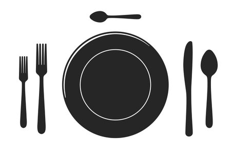 Table setting top view of a dinner plate with full set of knives and forks in silhouette vectorのイラスト素材