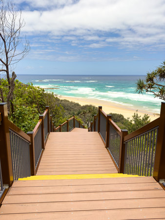 Stairs leading down to Frenchmans Beach on Stradbroke Island off the coast of Brisbane in Queensland, Australiaの写真素材