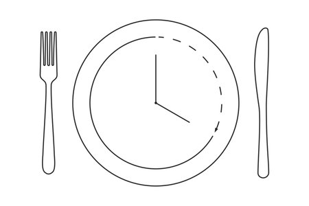 Dinner plate and cutlery with clock symbol for intermittent fasting diet concept in outline vectorのイラスト素材