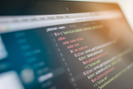 web script on laptop screen, web-development flowの写真素材