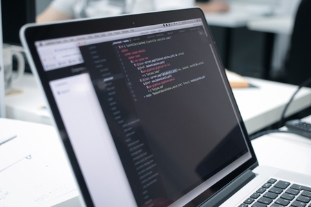 web script on laptop screen, web-development flowの写真素材