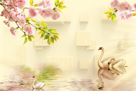 Beautiful swans family, the lake, the springの写真素材