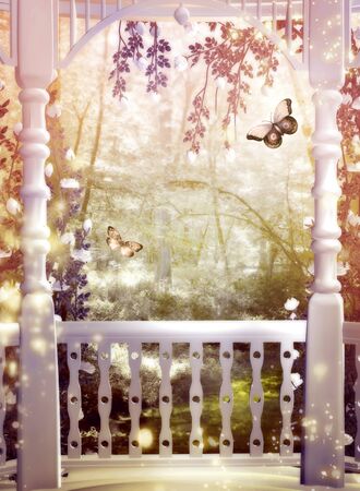 3D illustration, background, fantasy, porch, butterflies, morningの写真素材