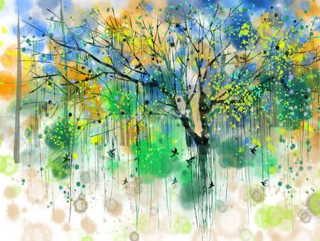 Abstract landscape illustration, tree contour, bright color spots, flying birdsの写真素材