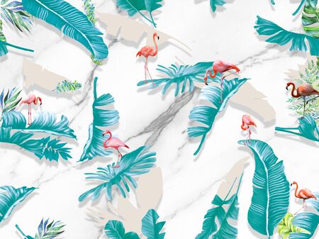 Abstract seamless illustration, white marble background, large green and gray feathers, pink flamingosの写真素材