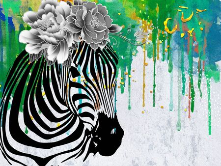 Abstract illustration, color spots and paint smudges, zebra head covered with two buds of gray fairy colorsの写真素材