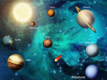 3d illustration, space, distant stars, bright Sun, all planets of the Solar system with orbits,...