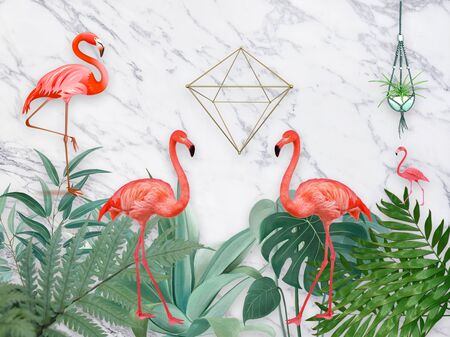 3d illustration, gray marble background, green fern, flowerpots, four pink framingosの写真素材